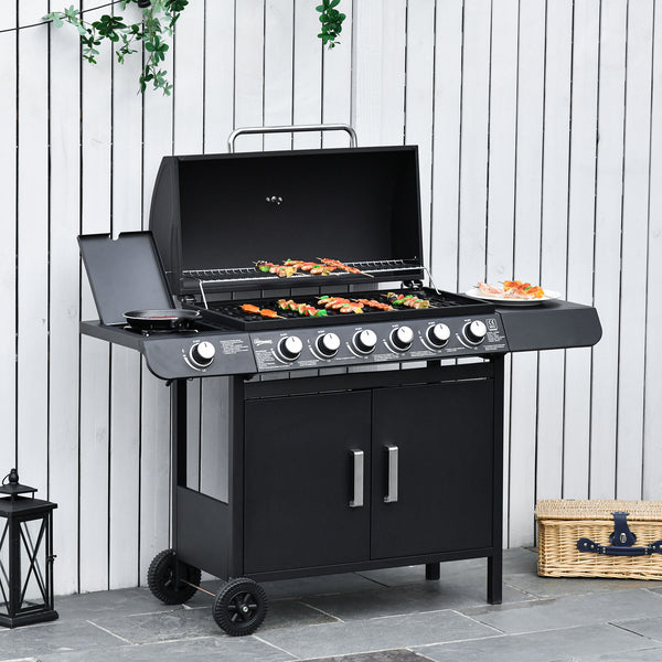 6+1 Burner Gas BBQ Grill, Outdoor Barbecue Trolley with Wheels, Warming Rack, Side Shelves, Cabinet, Thermometer for Garden, Party, Camping, 135 x 51.5 x 100cm, Black