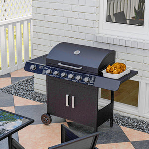 6+1 Burner Gas BBQ Grill, Outdoor Barbecue Trolley with Wheels, Warming Rack, Side Shelves, Cabinet, Thermometer for Garden, Party, Camping, 135 x 51.5 x 100cm, Black