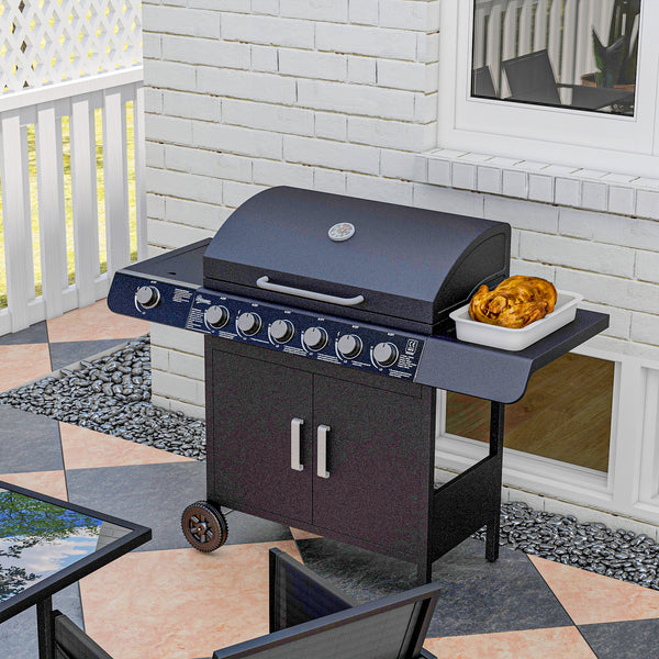 6+1 Burner Gas BBQ Grill, Outdoor Barbecue Trolley with Wheels, Warming Rack, Side Shelves, Cabinet, Thermometer for Garden, Party, Camping, 135 x 51.5 x 100cm, Black