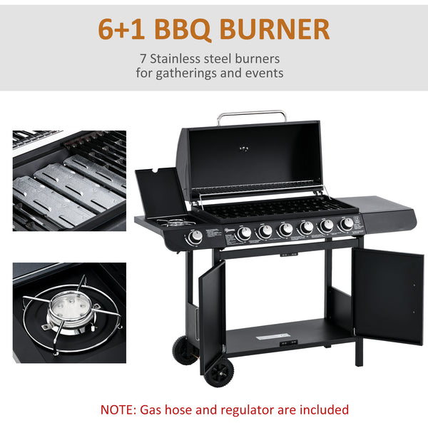 6+1 Burner Gas BBQ Grill, Outdoor Barbecue Trolley with Wheels, Warming Rack, Side Shelves, Cabinet, Thermometer for Garden, Party, Camping, 135 x 51.5 x 100cm, Black