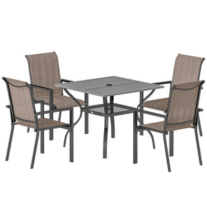 5 Pieces Garden Dining Set for 4, Patio Table and Stackable Chairs with Breathable Mesh Seat and Parasol Hole, Garden Furniture Set with Steel Frame for Garden, Grey and Khaki