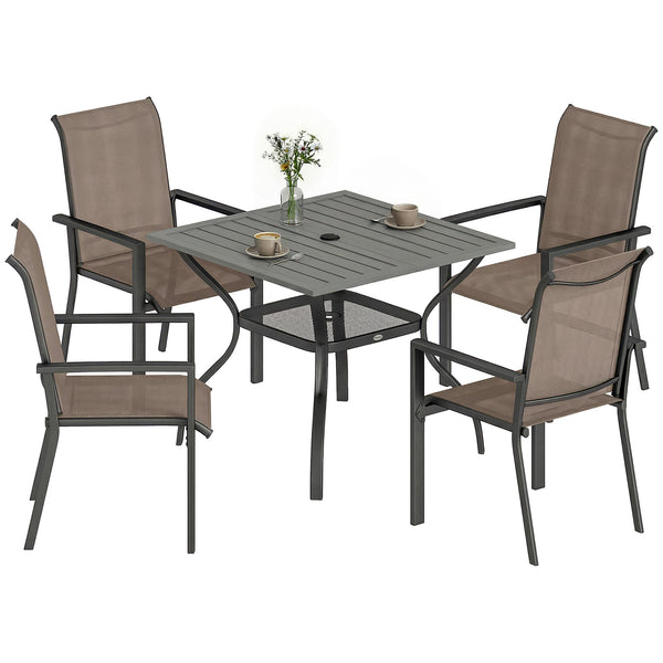 5 Pieces Garden Dining Set for 4, Patio Table and Stackable Chairs with Breathable Mesh Seat and Parasol Hole, Garden Furniture Set with Steel Frame for Garden, Grey and Khaki