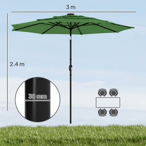 3 m Garden Parasol, Parasol Umbrella with 3-tier Roof, Crank Handle, Tilt Function, Polyester Canopy, Outdoor Table Umbrella for Patio, Garden, Green