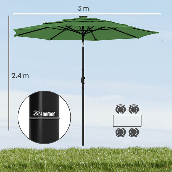3 m Garden Parasol, Parasol Umbrella with 3-tier Roof, Crank Handle, Tilt Function, Polyester Canopy, Outdoor Table Umbrella for Patio, Garden, Green