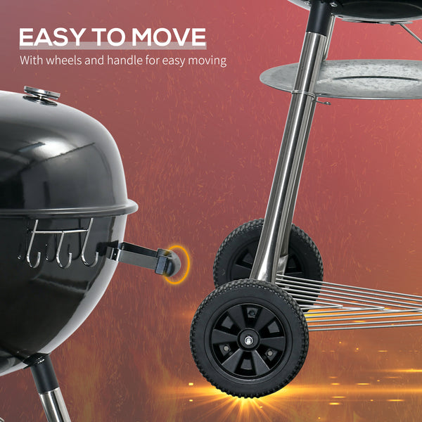 Portable Kettle Charcoal Grill BBQ Smoker with Cover, Outdoor Round Barbecue with Lid, Thermometer, Turner, Knife, Clip, Storage Shelf, & Wheels for Party Patio Garden