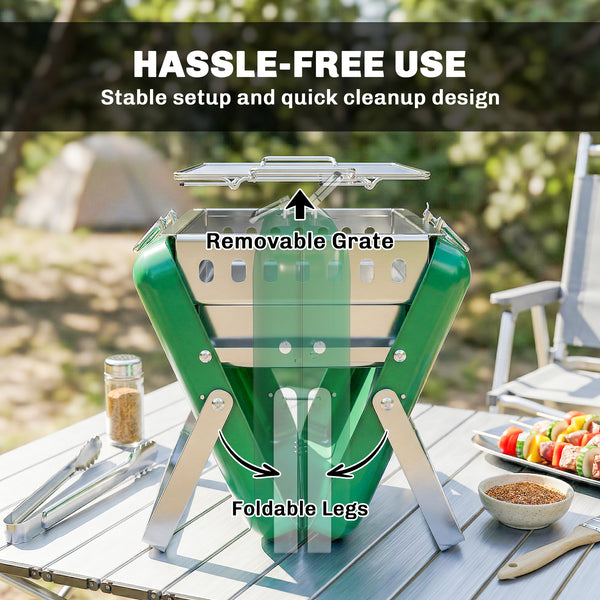 Portable BBQ Grill, Folding Charcoal Barbecue Grill with Handle and Foldable Legs for Camping Garden Outdoor Cooking, Dark Green