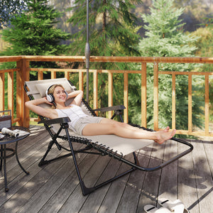 Zero Gravity Chair, Folding Outdoor Lounge Chair, 5-Position Adjustable Patio Lounger Recliner with Padded Removable Headrest for Lawn, Beach, Poolside, Beige