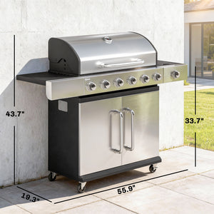 6 Burner Propane Gas Grill with Side Burner, 63,000 BTU Stainless Steel Barbecue Grill with Cast Iron Grates, Wheels, Warming Rack, Side Tables, Cabinet for Outdoor Kitchen, Backyard Barbecue