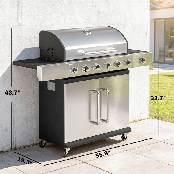 6 Burner Propane Gas Grill with Side Burner, 63,000 BTU Stainless Steel Barbecue Grill with Cast Iron Grates, Wheels, Warming Rack, Side Tables, Cabinet for Outdoor Kitchen, Backyard Barbecue