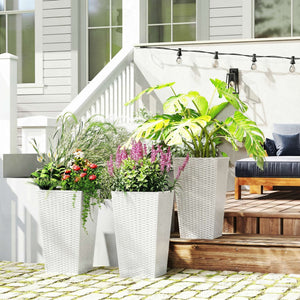 Tall Planters for Outdoor Plants Set of 3, 24 In Taper Planters with Drainage Holes, Rattan Decor Plant Pots for Indoor Outdoor Front Porch Patio Backyard, White