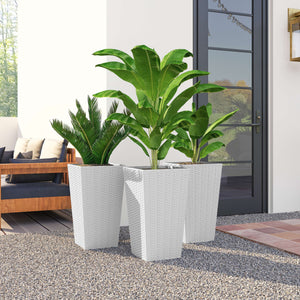 Tall Planters for Outdoor Plants Set of 3, 24 In Taper Planters with Drainage Holes, Rattan Decor Plant Pots for Indoor Outdoor Front Porch Patio Backyard, White