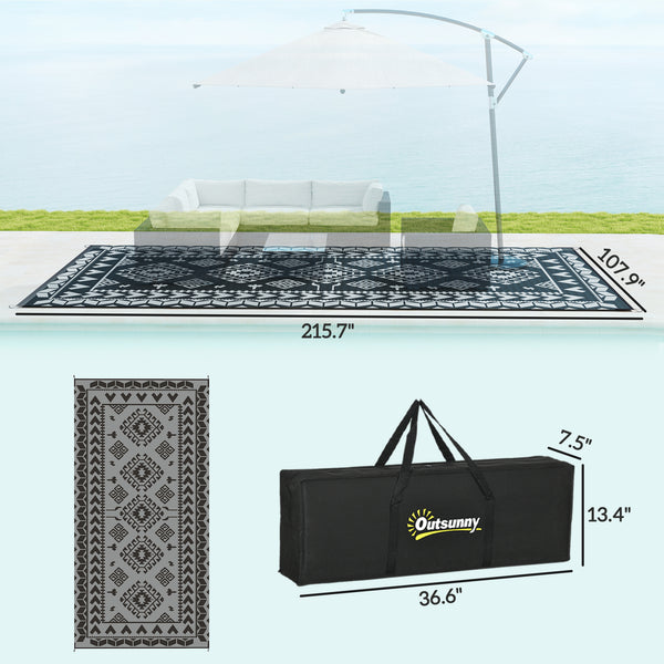 Outsunny Reversible Outdoor Rug, 9' x 18' Waterproof Plastic Straw Floor Mat, Portable RV Camping Carpet, Large Floor Mat for Backyard, Deck, Picnic, Beach, Black & Gray Rhombus Patchwork