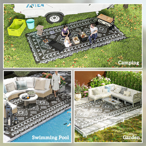 Outsunny Reversible Outdoor Rug, 9' x 18' Waterproof Plastic Straw Floor Mat, Portable RV Camping Carpet, Large Floor Mat for Backyard, Deck, Picnic, Beach, Black & Gray Rhombus Patchwork