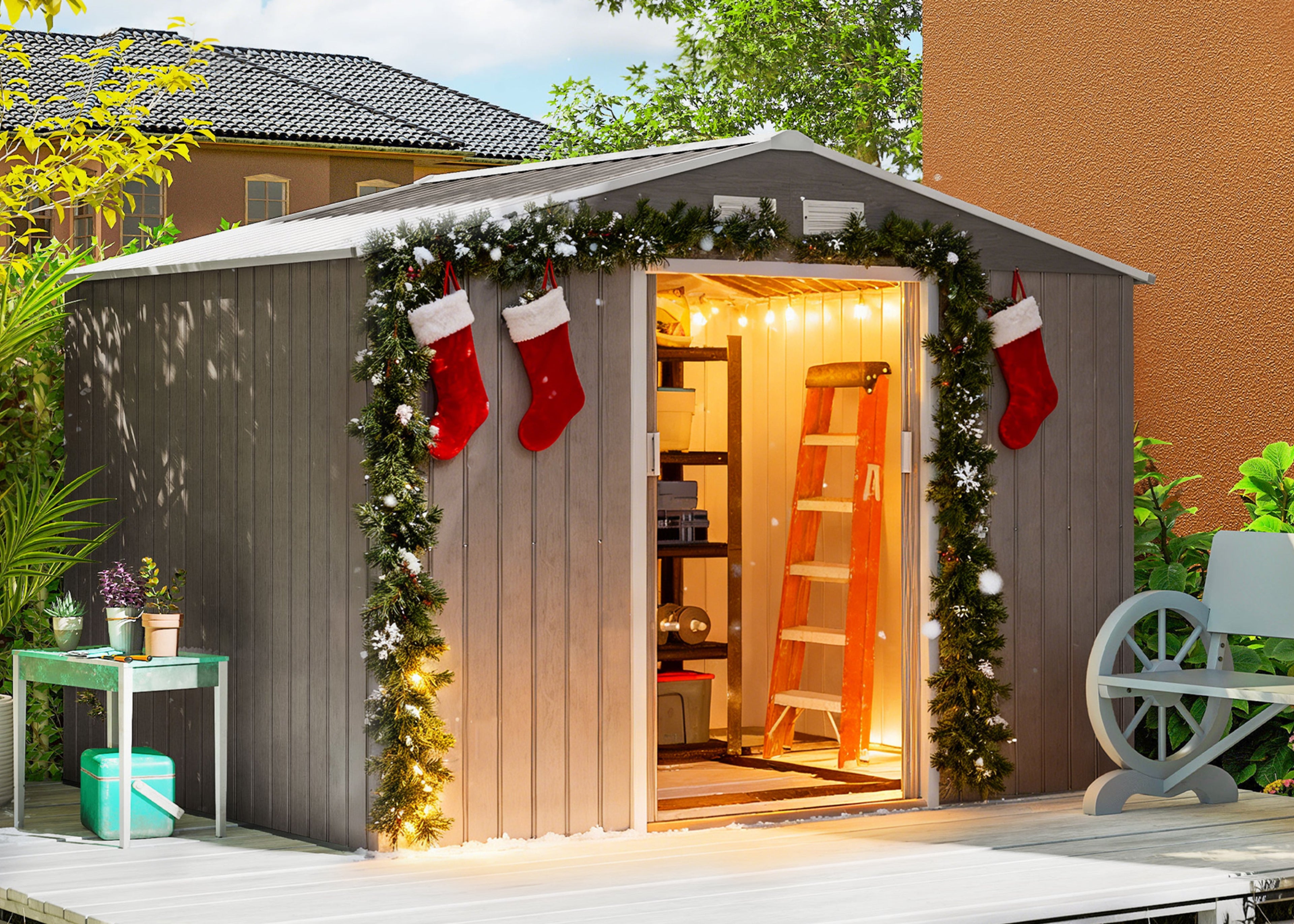 Decorated shed with Christmas stockings and lights, surrounded by greenery.