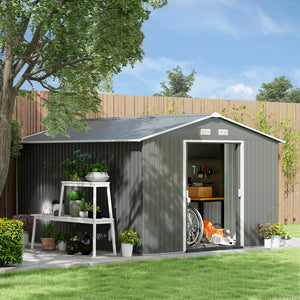 9' x 11' Metal Garden Storage Shed with Foundation Kit & Double Doors, Light Grey
