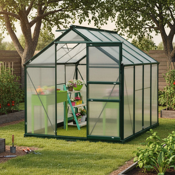 6 x 8ft Polycarbonate Greenhouse, Large Walk-In Green House with Slide Door and Window, Garden Plants Grow House with Aluminium Frame and Foundation, Dark Green