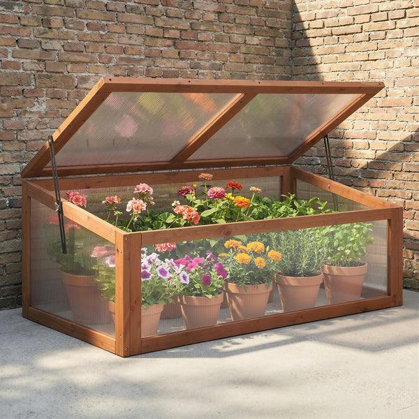 Wooden cold frame with transparent lid containing potted plants against a brick wall.