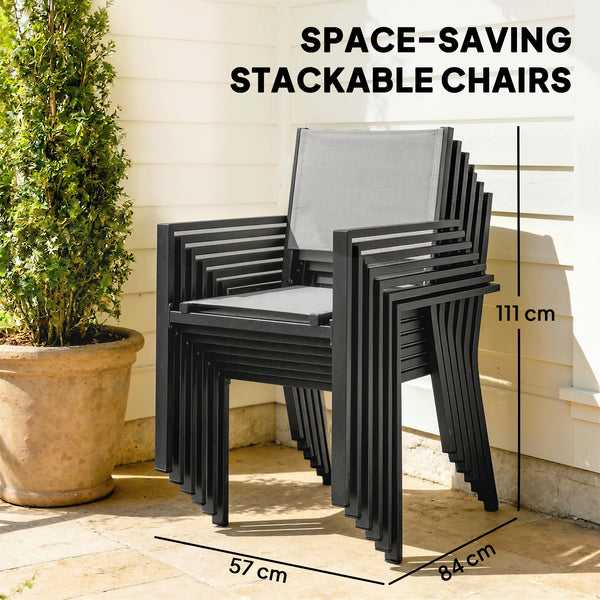 7 Pieces Outdoor Dining Set, Aluminum Patio Table and Chairs Set for 6 with Extendable Slatted Tabletop and Stackable Chairs, All-Weather Patio Dining Table and Chairs