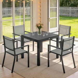 7 Pieces Outdoor Dining Set, Aluminum Patio Table and Chairs Set for 6 with Extendable Slatted Tabletop and Stackable Chairs, All-Weather Patio Dining Table and Chairs