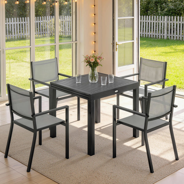 7 Pieces Outdoor Dining Set, Aluminum Patio Table and Chairs Set for 6 with Extendable Slatted Tabletop and Stackable Chairs, All-Weather Patio Dining Table and Chairs