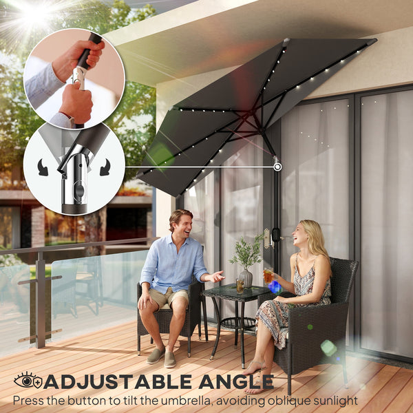 2.6 m Half Garden Parasol with Solar LED Lights, UPF50+ Semi Round Umbrella with 30° Tilt, Crank Handle, Metal Frame for Balcony, Dark Grey