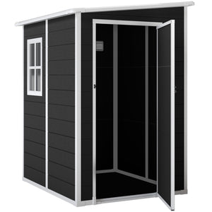 4 x 5FT Plastic Garden Shed with Floor, Lean to Outdoor Storage Shed, Lockable Tool Storage House with Window, Vent and Plastic Roof, Black