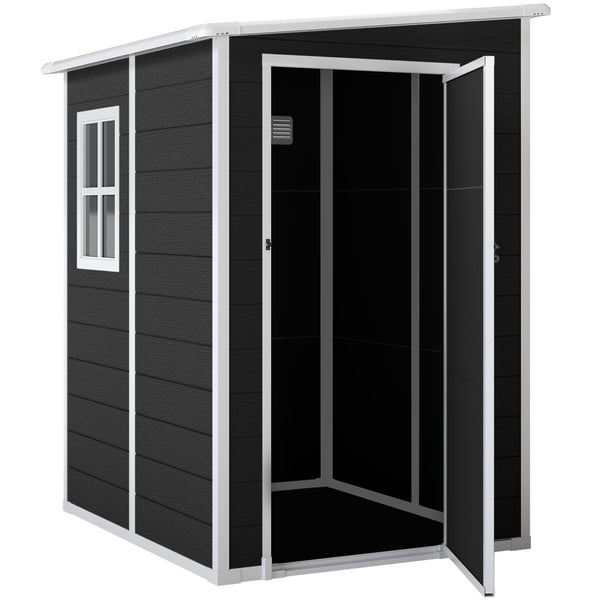4 x 5FT Plastic Garden Shed with Floor, Lean to Outdoor Storage Shed, Lockable Tool Storage House with Window, Vent and Plastic Roof, Black