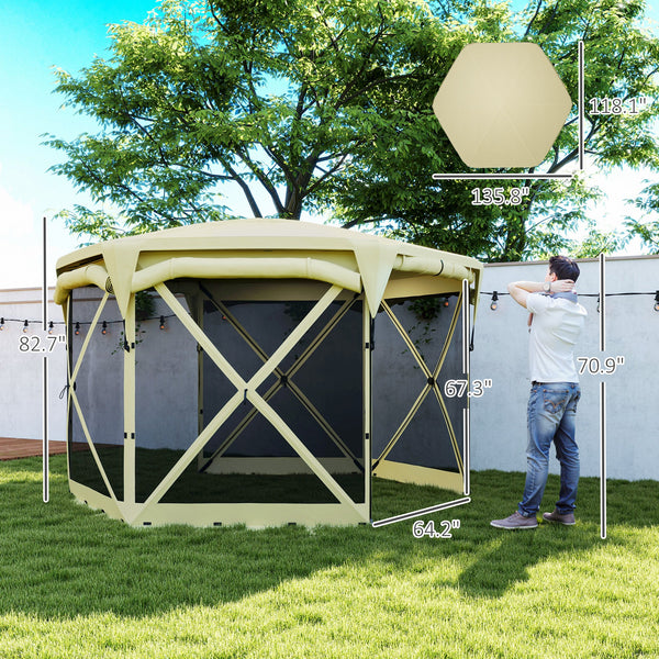 Pop Up Gazebo Screen Tent House, 11 x 11ft with UPF30+ Removable Roof Cover, 4 Roll-up Wind Panels and Carry Bag for Camping, Patio, Backyard, Lawn, Beige