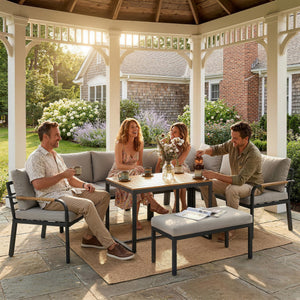 7 Seater Garden Furniture Set with 2 Loveseats, Armchair, 2 Armless Chairs, Footstool, Faux Wood Table, Metal Garden Sofa Set with Cushions, Outdoor Furniture Conversation Sets, Light Grey