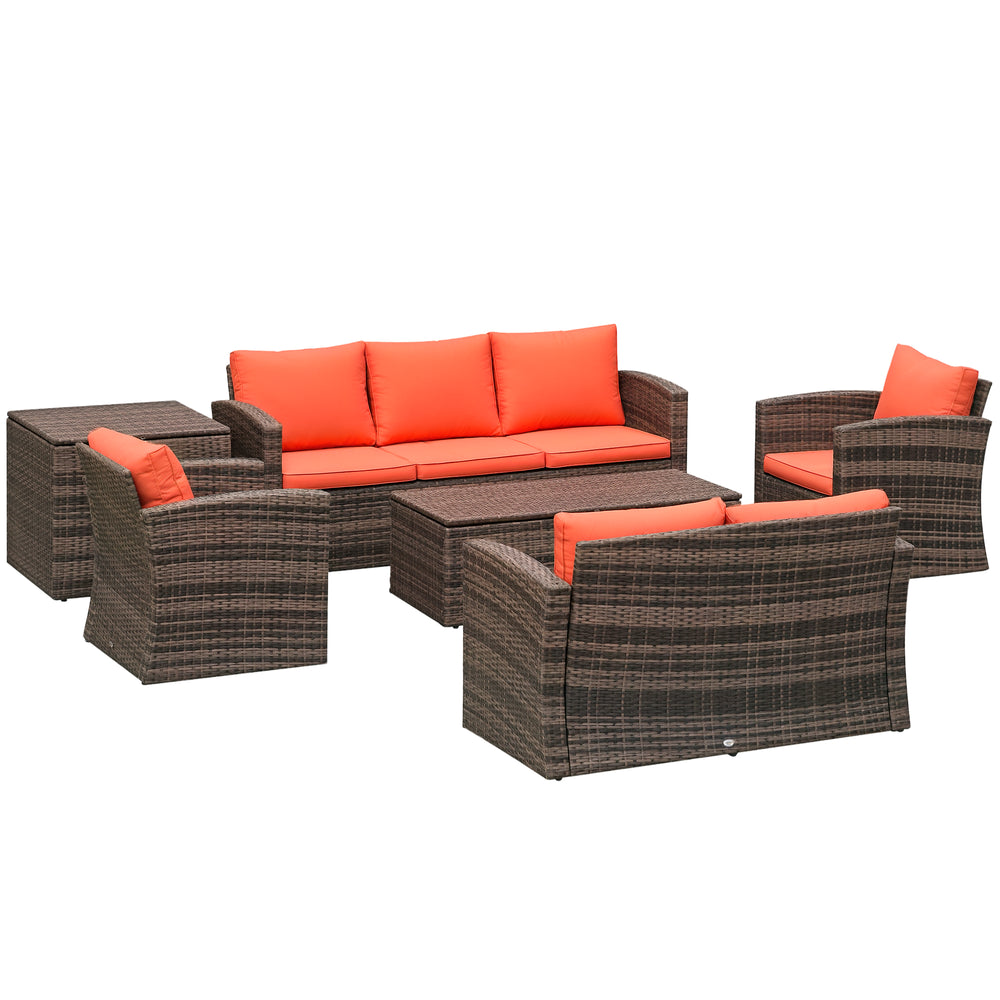 6 Pieces Wicker Patio Furniture Set with Cushions, 7-Seater Rattan Patio Sofa Set with Storage Coffee Table & Side Table, Sectional Outdoor Furniture Set, Orange