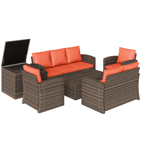 6 Pieces Wicker Patio Furniture Set with Cushions, 7-Seater Rattan Patio Sofa Set with Storage Coffee Table & Side Table, Sectional Outdoor Furniture Set, Orange