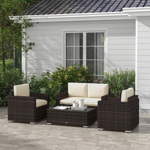 Outsunny 4 Piece Wicker Patio Furniture Set with Cushions, Outdoor Sectional Furniture with 2 Sofa, Loveseat, and Glass Top Coffee Table, Conversation Sofa Sets for Garden, Khaki