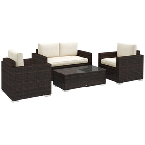 Outsunny 4 Piece Wicker Patio Furniture Set with Cushions, Outdoor Sectional Furniture with 2 Sofa, Loveseat, and Glass Top Coffee Table, Conversation Sofa Sets for Garden, Khaki