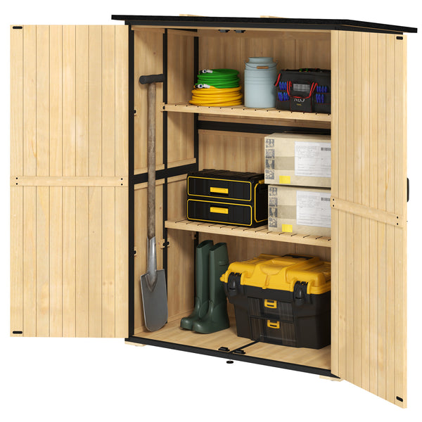 Outdoor Storage Cabinet, Wood Garden Tool Shed with Steel Frame and Asphalt Roof, Garden Storage Shed with 2 Shelves, Lockable Doors and Adjustable Feet for Patio Backyard Lawn, Natural