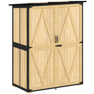 Outdoor Storage Cabinet, Wood Garden Tool Shed with Steel Frame and Asphalt Roof, Garden Storage Shed with 2 Shelves, Lockable Doors and Adjustable Feet for Patio Backyard Lawn, Natural