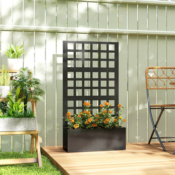 Galvanized Raised Garden Bed with Trellis, Metal Planter Box with Drainage Holes, Outdoor Privacy Screen for Climbing Plants, Vegetable, Vines, 24" x 9" x 44.5", Black