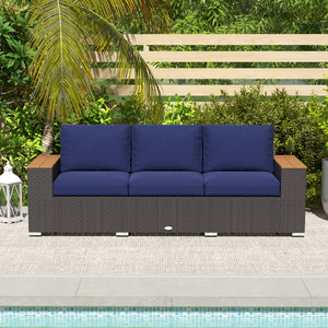 Outsunny 3-Seat Outdoor Patio Sofa with Cushions, PE Rattan Wicker Sofa with Wood Grain Wide Armrests, Outdoor Wicker Couch for Porch, Garden, Sunroom, Poolside, Navy Blue