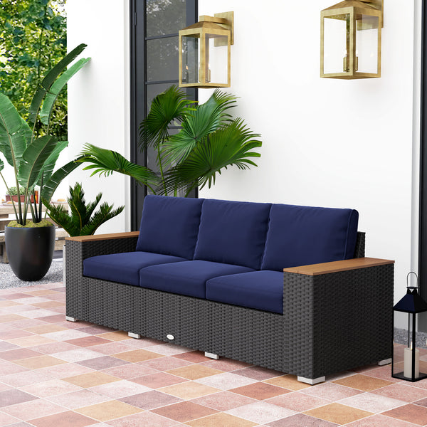 Outsunny 3-Seat Outdoor Patio Sofa with Cushions, PE Rattan Wicker Sofa with Wood Grain Wide Armrests, Outdoor Wicker Couch for Porch, Garden, Sunroom, Poolside, Navy Blue