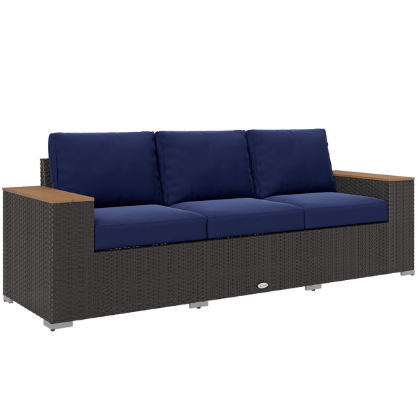 Outsunny 3-Seat Outdoor Patio Sofa with Cushions, PE Rattan Wicker Sofa with Wood Grain Wide Armrests, Outdoor Wicker Couch for Porch, Garden, Sunroom, Poolside, Navy Blue