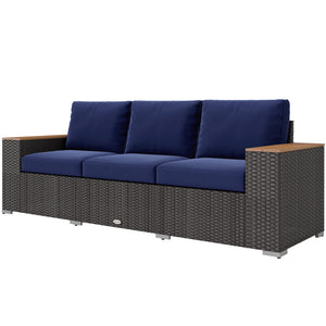 Outsunny 3-Seat Outdoor Patio Sofa with Cushions, PE Rattan Wicker Sofa with Wood Grain Wide Armrests, Outdoor Wicker Couch for Porch, Garden, Sunroom, Poolside, Navy Blue