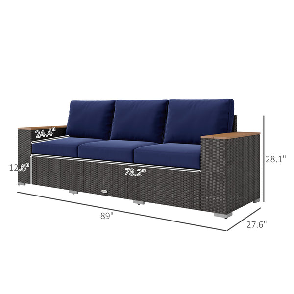 Outsunny 3-Seat Outdoor Patio Sofa with Cushions, PE Rattan Wicker Sofa with Wood Grain Wide Armrests, Outdoor Wicker Couch for Porch, Garden, Sunroom, Poolside, Navy Blue