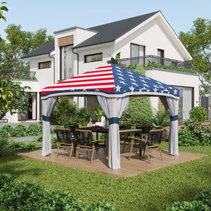 Outsunny 10' x 10' Pop Up Canopy Tent with Netting, Instant Tents for Parties, Height Adjustable, with Wheeled Carry Bag and 4 Sand Bags for Outdoor, Garden, Patio, American Flag