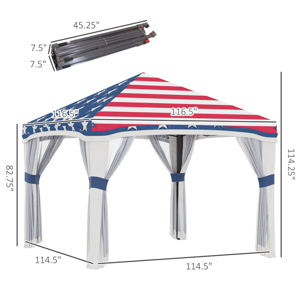 Outsunny 10' x 10' Pop Up Canopy Tent with Netting, Instant Tents for Parties, Height Adjustable, with Wheeled Carry Bag and 4 Sand Bags for Outdoor, Garden, Patio, American Flag