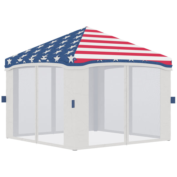 Outsunny 10' x 10' Pop Up Canopy Tent with Netting, Instant Tents for Parties, Height Adjustable, with Wheeled Carry Bag and 4 Sand Bags for Outdoor, Garden, Patio, American Flag