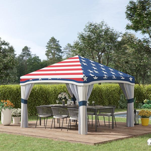 Outsunny 10' x 10' Pop Up Canopy Tent with Netting, Instant Tents for Parties, Height Adjustable, with Wheeled Carry Bag and 4 Sand Bags for Outdoor, Garden, Patio, American Flag