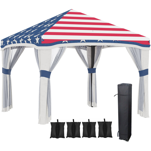 Outsunny 10' x 10' Pop Up Canopy Tent with Netting, Instant Tents for Parties, Height Adjustable, with Wheeled Carry Bag and 4 Sand Bags for Outdoor, Garden, Patio, American Flag