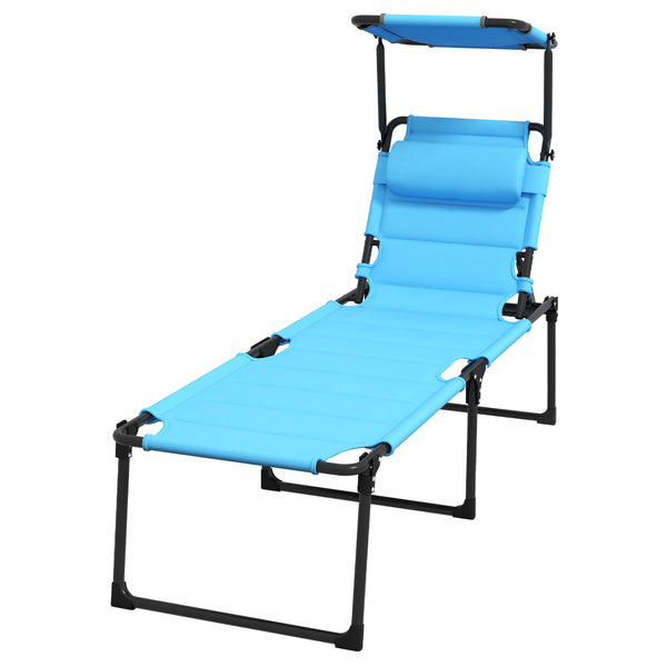 Outsunny Outdoor Lounge Chair, Adjustable Backrest Folding Chaise Lounge, Cushioned Tanning Chair with Sunshade Roof & Pillow Headrest for Beach, Camping, Hiking, Light Blue