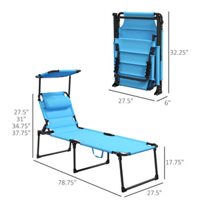 Outsunny Outdoor Lounge Chair, Adjustable Backrest Folding Chaise Lounge, Cushioned Tanning Chair with Sunshade Roof & Pillow Headrest for Beach, Camping, Hiking, Light Blue