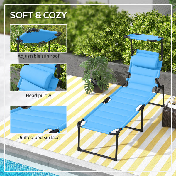 Outsunny Outdoor Lounge Chair, Adjustable Backrest Folding Chaise Lounge, Cushioned Tanning Chair with Sunshade Roof & Pillow Headrest for Beach, Camping, Hiking, Light Blue