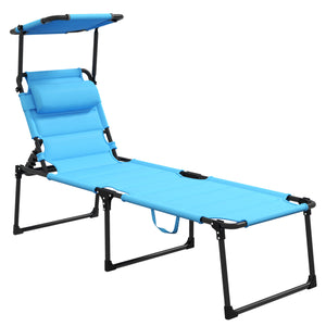 Outsunny Outdoor Lounge Chair, Adjustable Backrest Folding Chaise Lounge, Cushioned Tanning Chair with Sunshade Roof & Pillow Headrest for Beach, Camping, Hiking, Light Blue